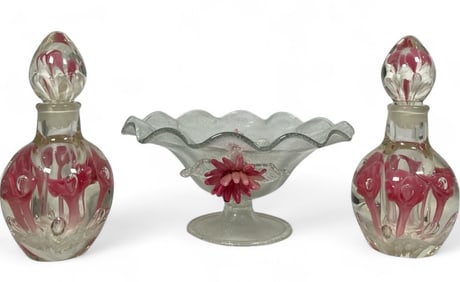 Two ST. CLAIR Floral Perfume Bottles and Footed Bowl