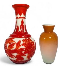 A Chinese Red Cameo Peking Glass Vase and Peach Glass Vase