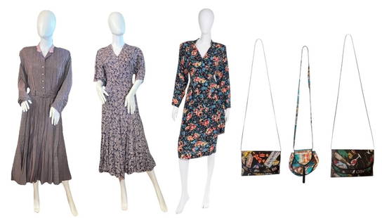 Collection 1980's NICOLE MILLER Clothing & Handbags: 2pc dress outfit is labeled a size 6, blouse measures 38" total length, armpit to armpit, 30" waist, 23" sleeve length. Fan patterned dress is a tagged size 2 and measures 48" total length, 15" armpit