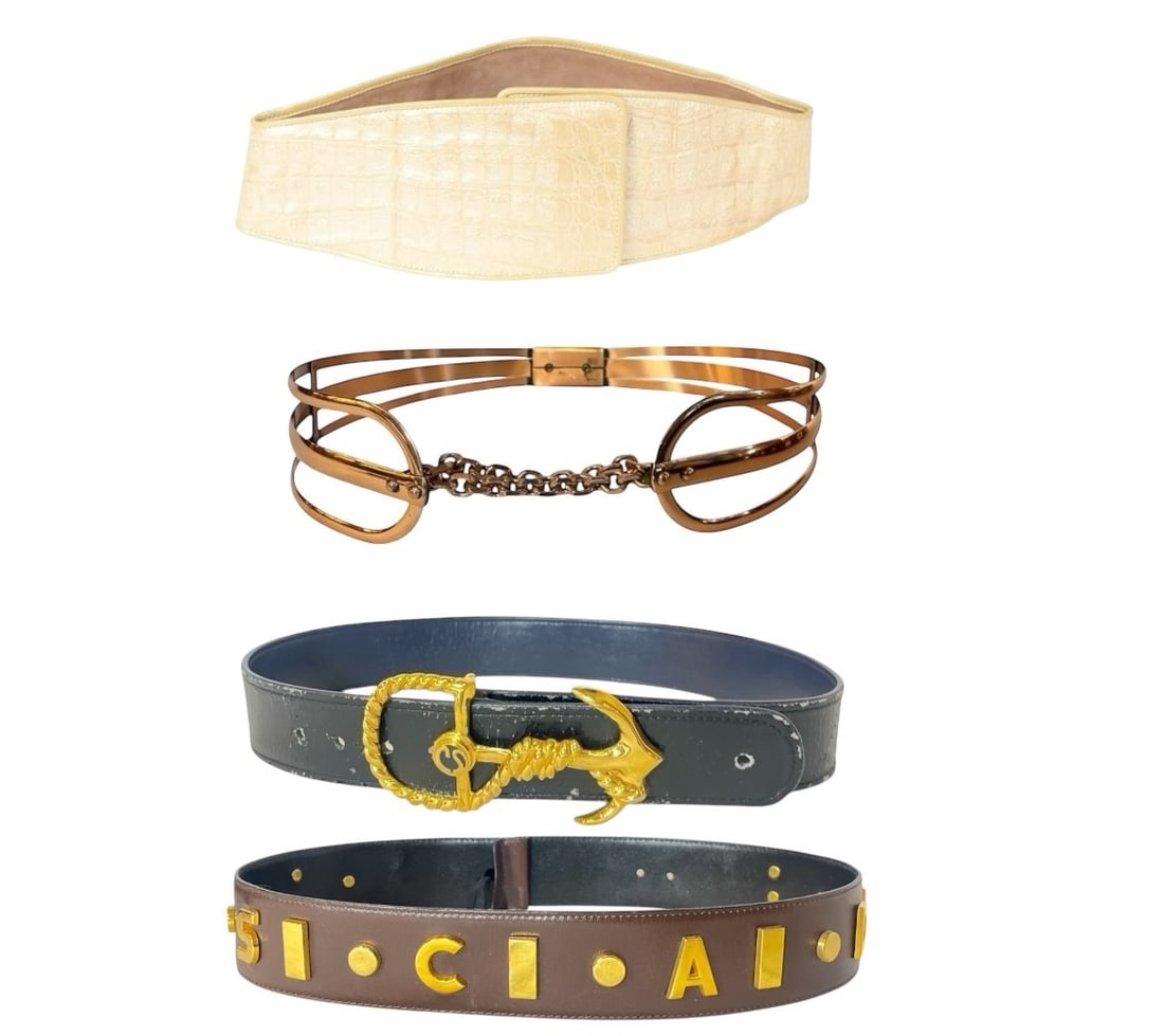 Four Vintage Belts, DONNA KARAN, ESCADA: Includes a Renoir copper toned belt, a crocodile skin Donna Karan belt, a leather and brass accent size 40 Escada belt, and an anchor buckle belt.