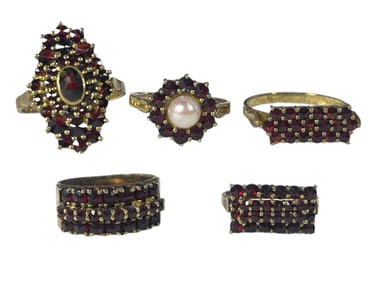 Five Garnet and 14k Gold Over Sterling Art Deco Rings
