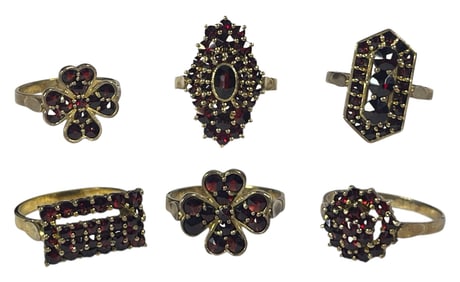 Six Garnet and 14k Gold Over Sterling Art Deco Rings