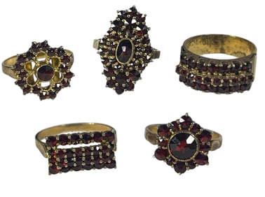 Five Garnet and 14k Gold Over Sterling Art Deco Rings