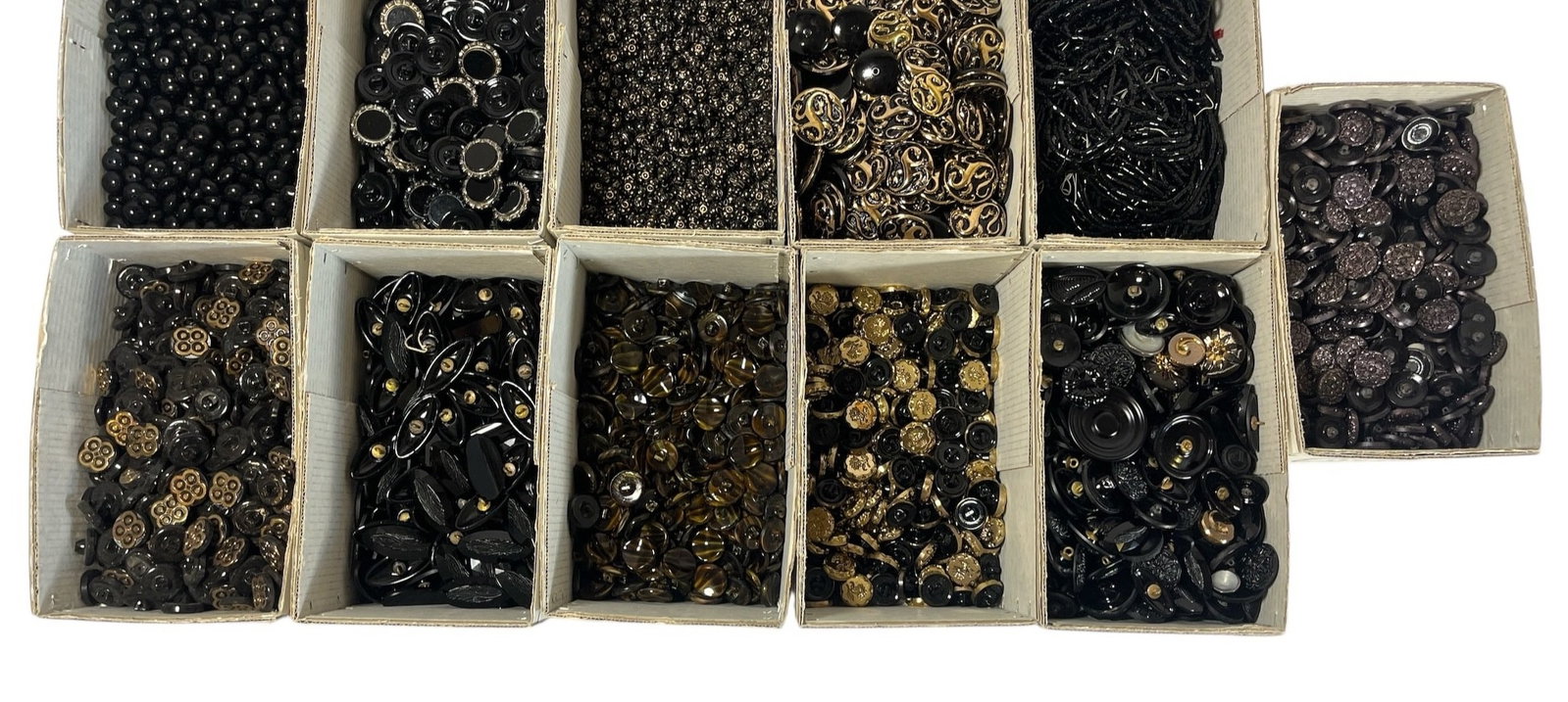 Large Collection of Vintage Czech Glass Buttons and Beads: Large assortment of black and gold beads of different shapes and sizes. See photos for included styles.