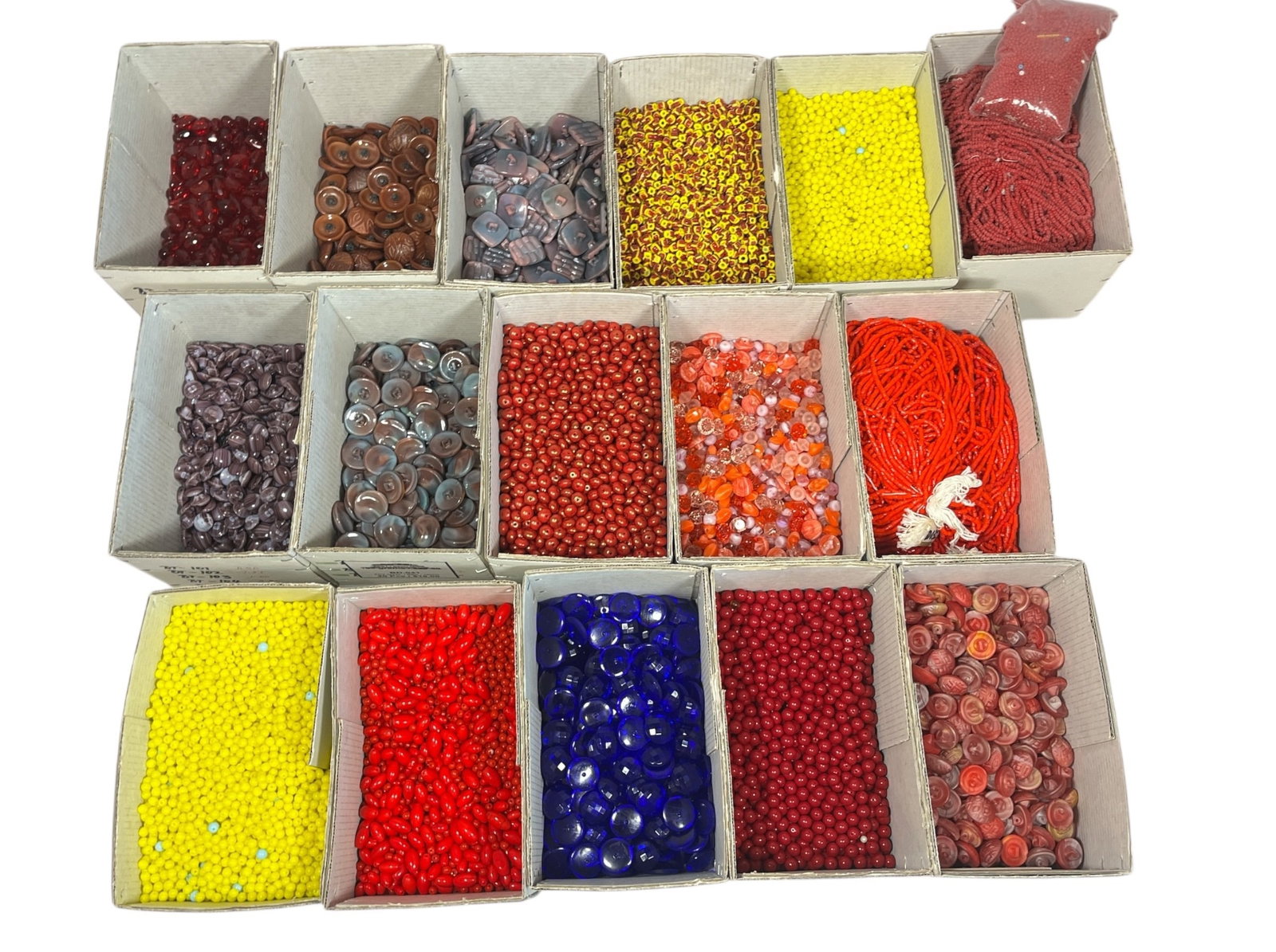 Large Collection of Vintage Czech Glass Beads and Buttons: Primarily red, yellow, pink, purple, and blue. See photos for included styles.