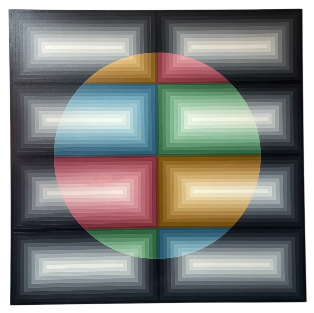 A Wall Size 1975 CHRISTIAN GROSSMAN Mid Century Acrylic on Canvas: Measures 60.25" H x 60.5" W x 2.75" D.