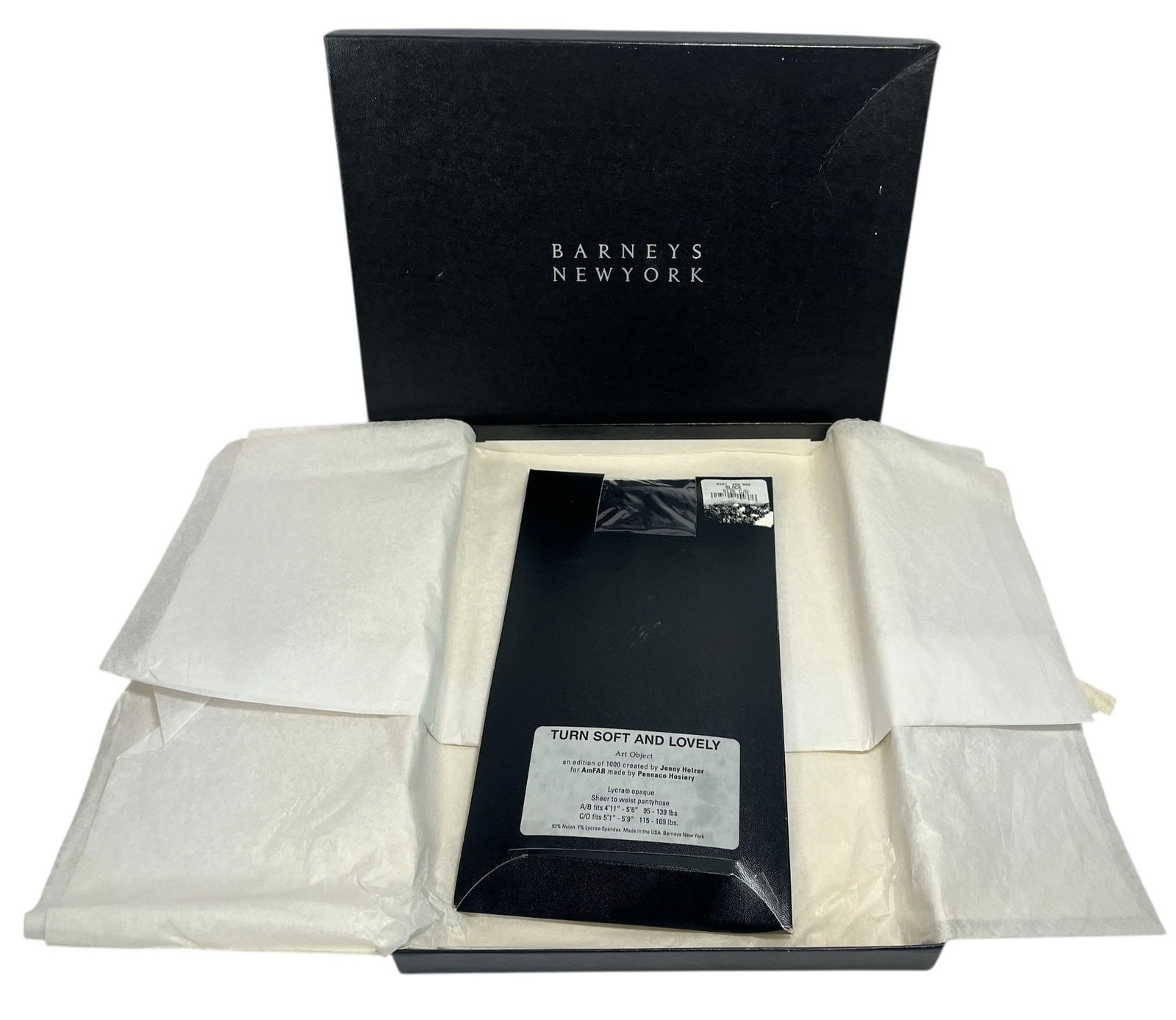 JENNY HOLZER Pantyhose Art Object, BARNEYS NEW YORK: Turn Soft and Lovely Pantyhose art object created by Jenny Holzer for AmFAR made by Pennaco Hosiery, Barneys New York, New York. One of only 1,000 copies made. Includes original Barney's box and packa