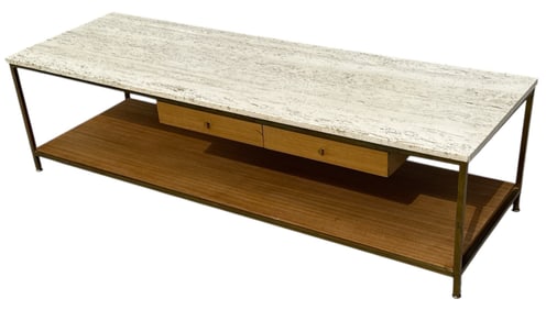PAUL MCCOBB for CALVIN Two-Drawer Travertine Coffee Table
