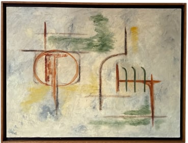 Mid Century Abstract Oil on Board Signed ES