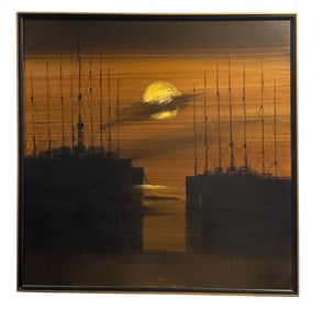 A Mid Century Nautical Sunset Oil on Canvas