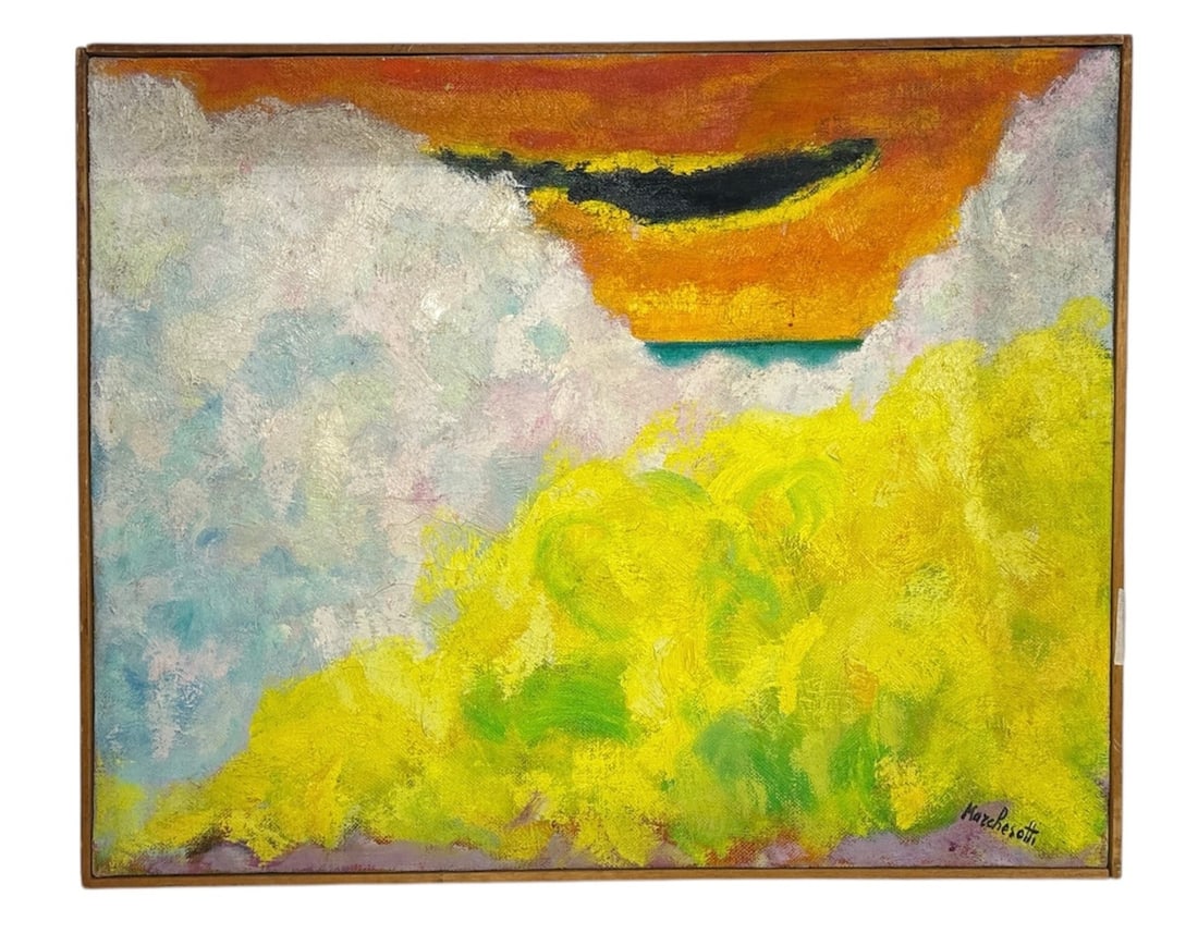 MARCHESOTTI Mid Century Abstract Oil Painting: 16.25" H x 20.25"W x 1" D signed Marchesotti, title translates to Landscape in Half Cloud, dated 1974 Milano