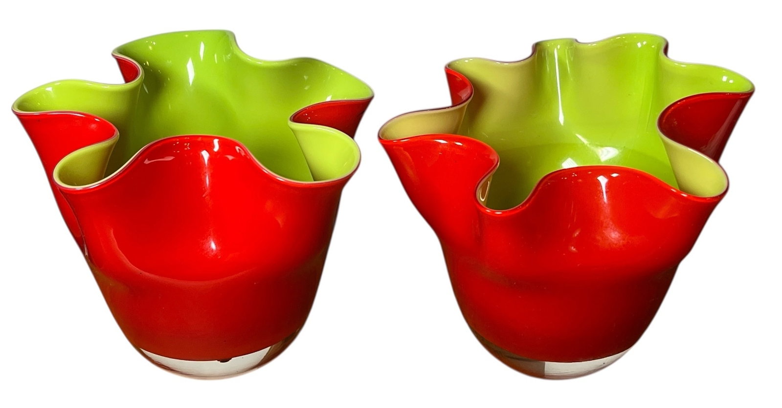 A Pair of Mid Century Handkerchief Art Glass Bowls: Both measure 4.5" H x 5.5" overall DIA.