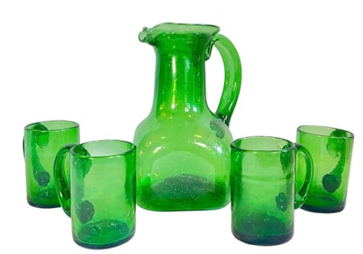 Hand Blown Green Glass Pitchers and Four Cups, BLENKO