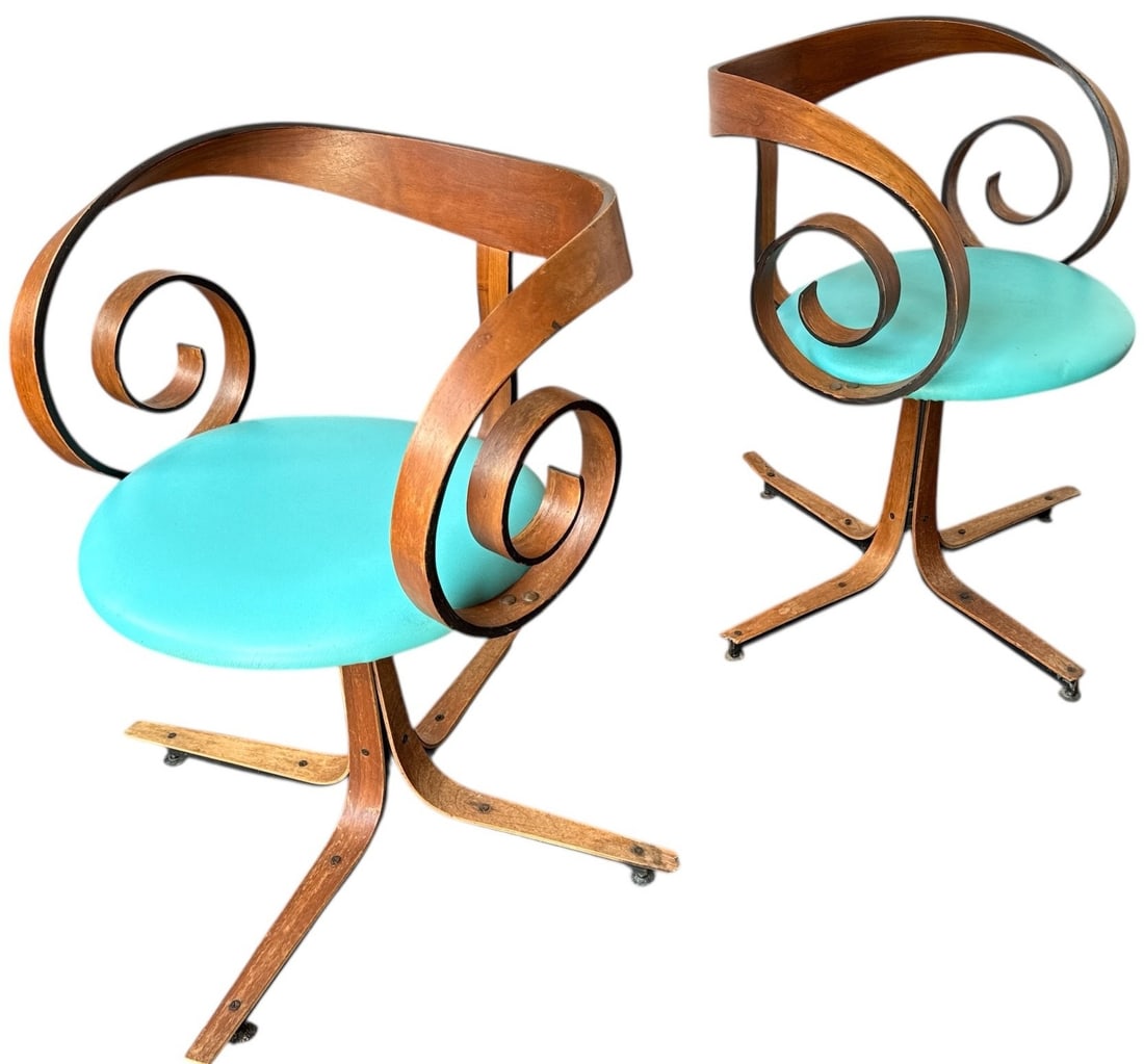 GEORGE MULHAUSER for PLYCRAFT "Sultana" Swivel Chairs, Pair: Each measure 27.25" H to back x 17" H to seat x 22.5" W x 19" D. One chair retains label.