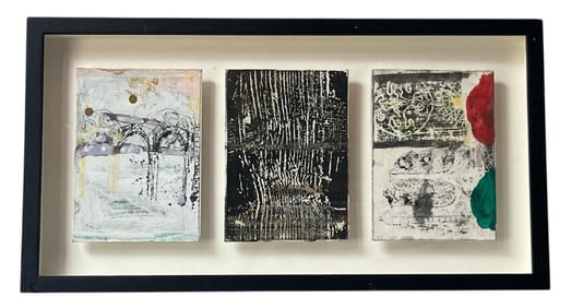 A Mid Century Signed MC ABSTRACT Mixed Media Triptych