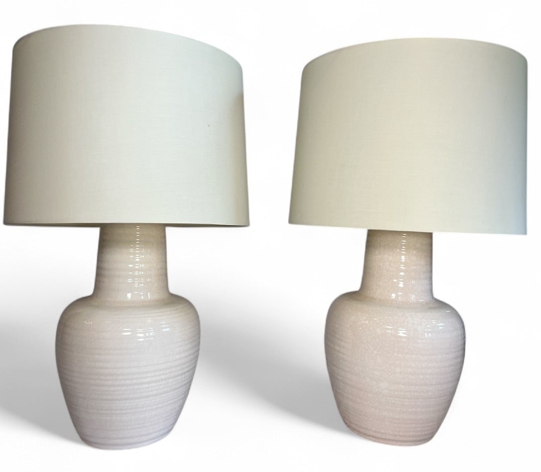 A Pair of TANNER KENZIE Ceramic Lamps: Both measure 26.5" H to the finial, 10" overall DIA, 15.25" W x 11" D on the shades.