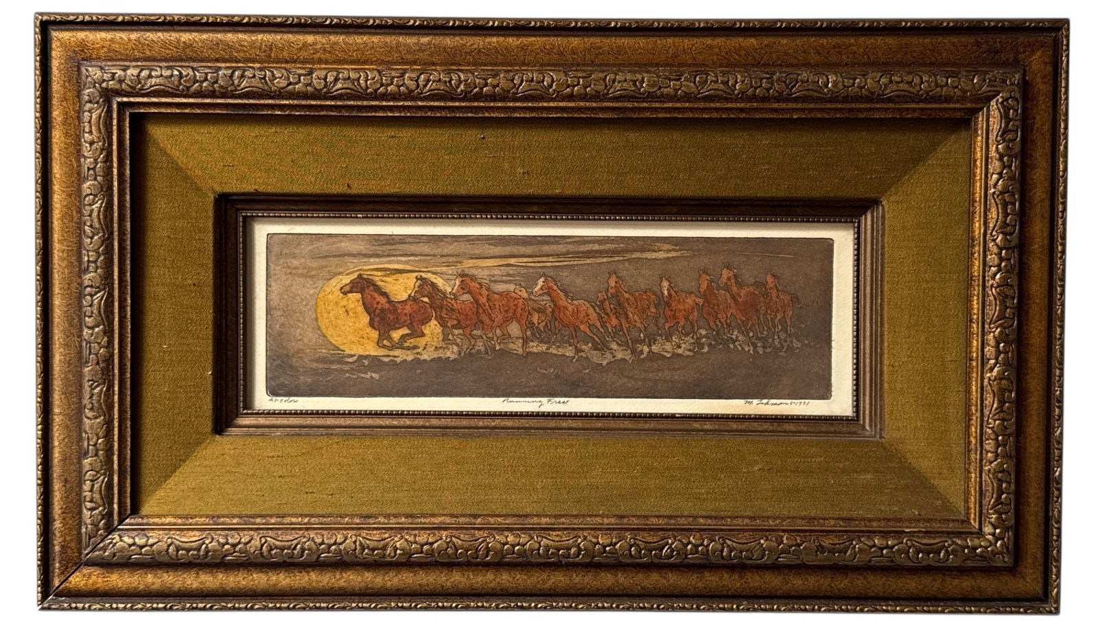 Mid Century Equestrian Artist Proof, "Running Free": Measures 14.2.5" H x 24.25" W x 1" D in the frame. Pencil signed Mary Anna Lehman, dated 6-1971, AP Color, and titled in lower margin.