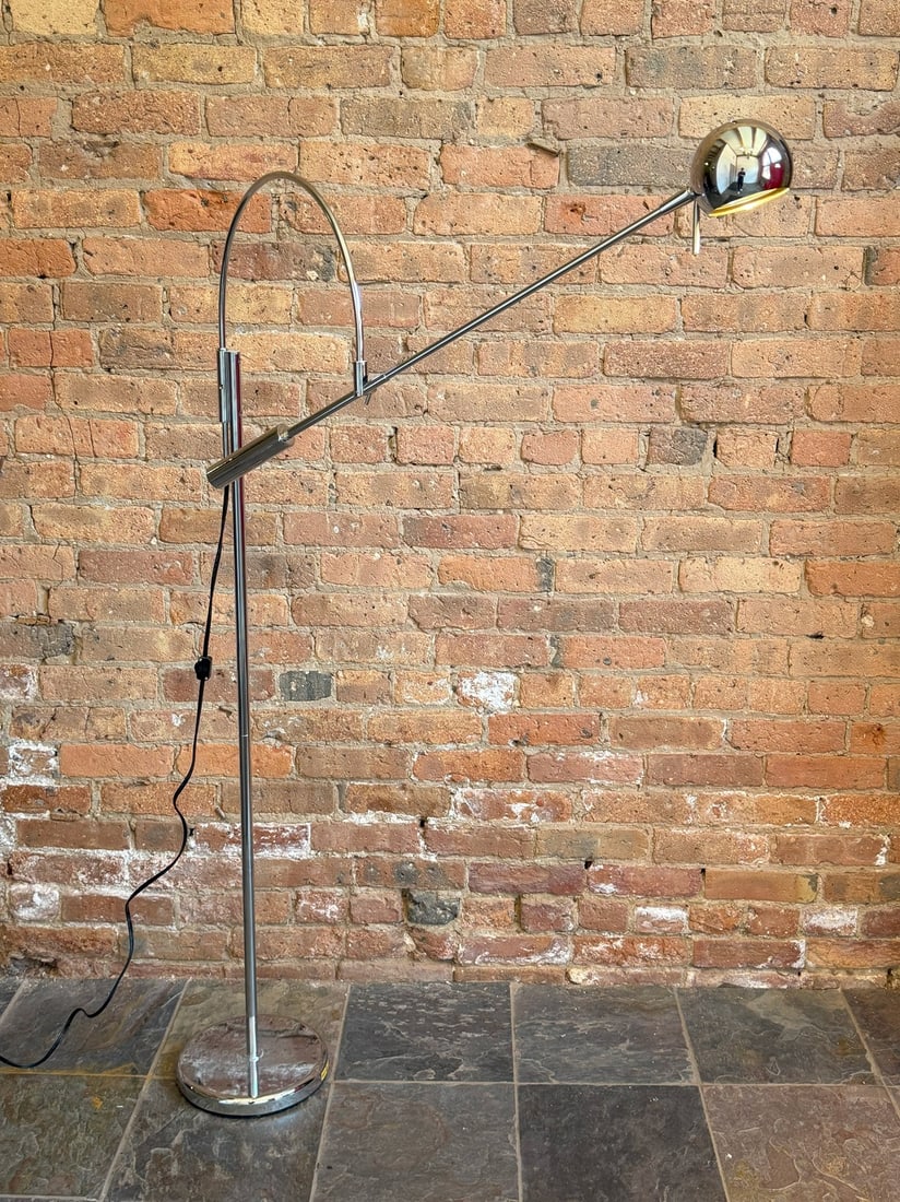 After ROBERT SONNEMAN Chrome Floor Lamp: Measures 59" H x 36" overall D. Arm is 31" L. Base has a 10" DIA.