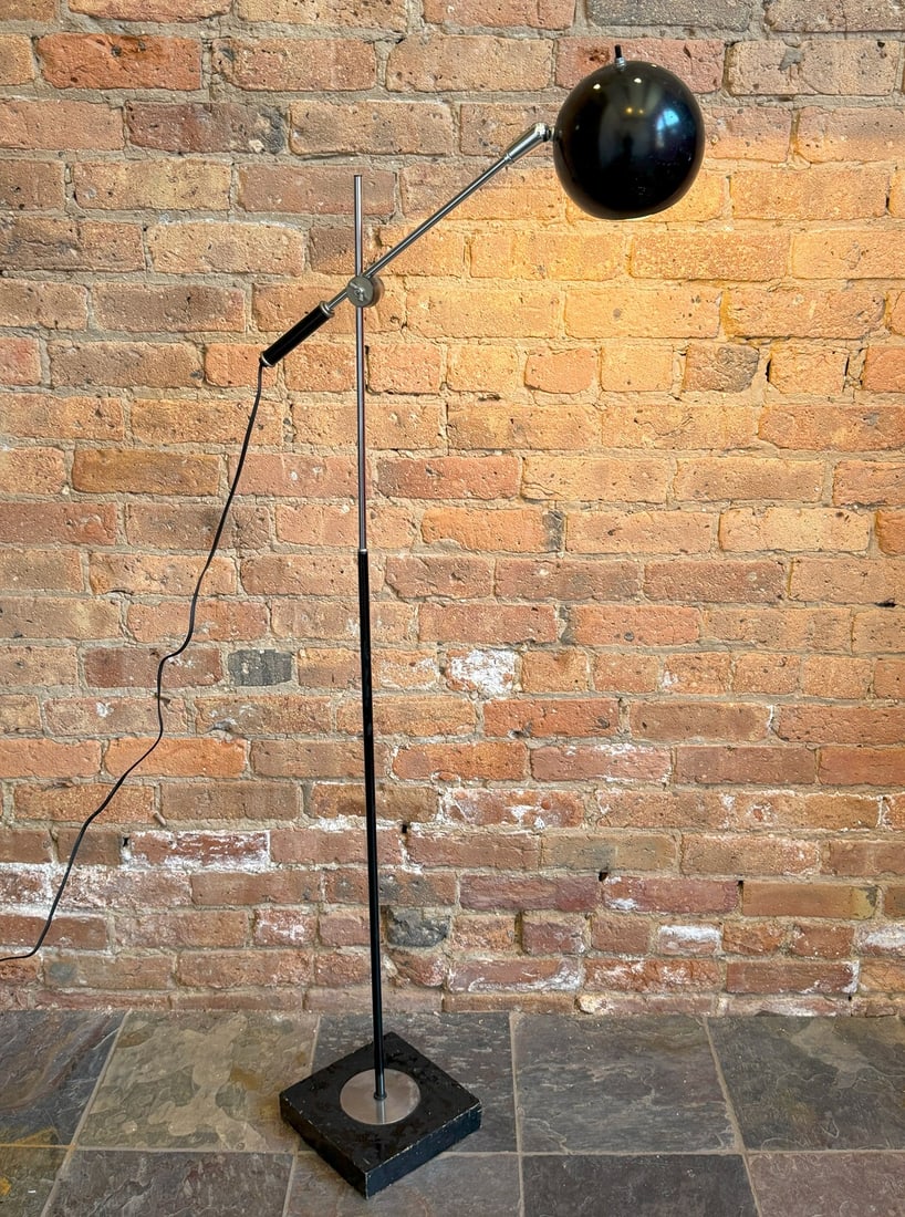 ROBERT SONNEMAN Eyeball Floor Lamp: Measures 53" H, Arm is 21" L and 6" DIA. Base measures 8" x 8".