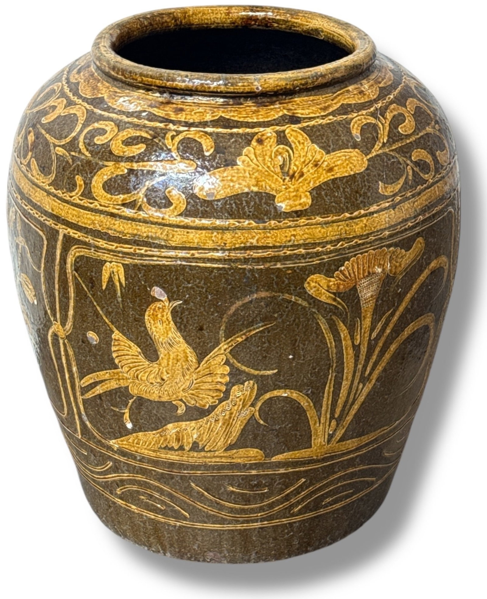 Early 20th C Chinese Xizhou Style Martaban Jar: 27" H x 24" DIA x 12.5" opening DIA., commonly used as planters now