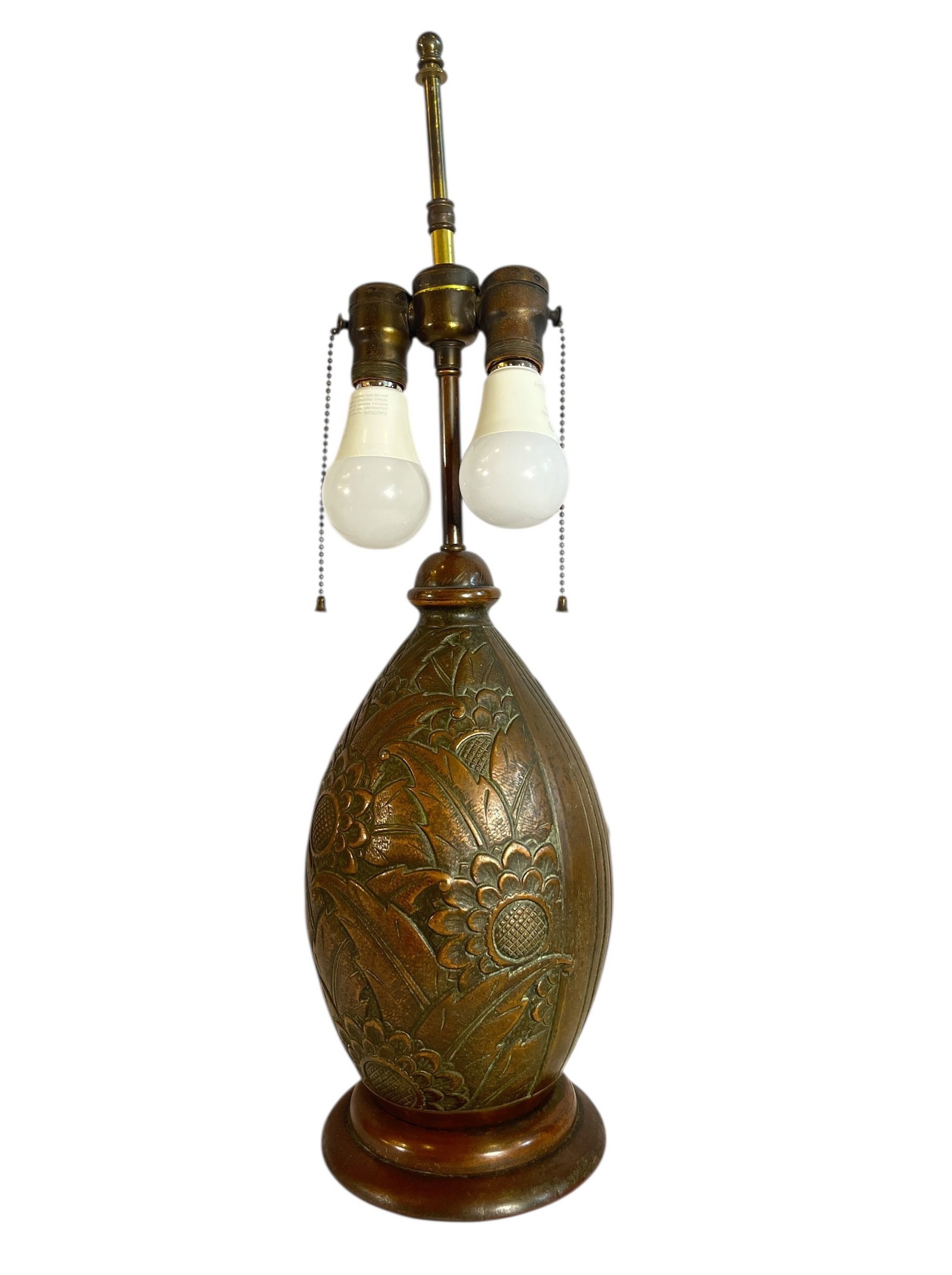 An Art Deco Bronze Floral Desk Lamp: Measures 24.5" H to the finial, 7.5" overall DIA.