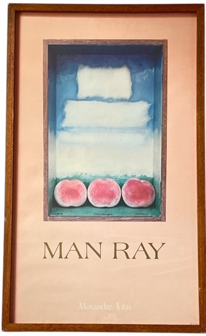 Vintage MAN RAY "Pechage" Three Peaches Exhibition Poster: Measures 34" H x 20.25" W x 1.25" D. "Made in Italy" stamped in lower corner. Published by the prestigious Alexander Iolas Gallery. Property of The Christina Kraemer Estate.