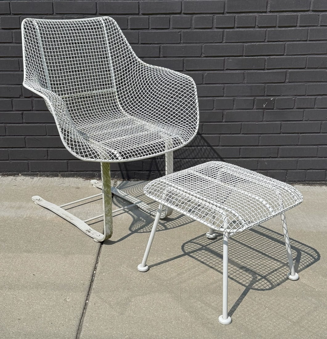 RUSSELL WOODARD "Sculptura" Chair and Ottoman: Cantilever Chair: 34" H to back x 17" H to seat x 30" W x 27" D. Ottoman: 17" H x 19" W x 19" D. Chair retains "Woodard" medallion on back side.