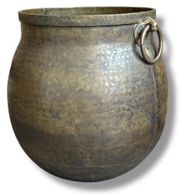 A Large Indian Double Handle Hammered Brass Planter Pot