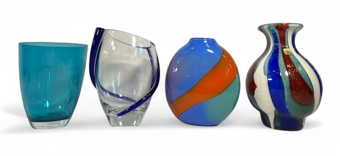 A Collection of Mid Century Blown Art Glass Vases: The largest measures 10.5" H x 7" W and the orange and blue Robinson Scott, 2003 vase measures 8.75" H x 8" W x 3" D.