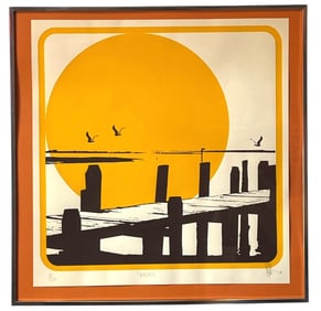 A Mid Century Signed Print of Pier Sunrise