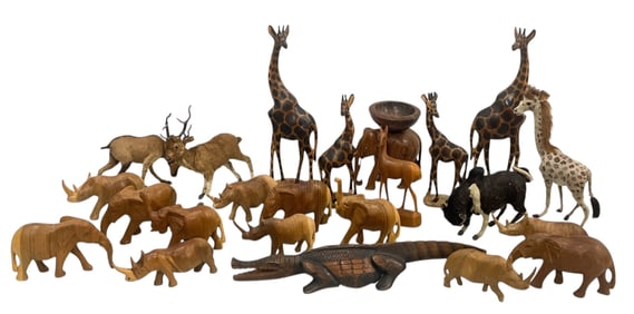 Large Collection Wood Carved and Faux Animal Hyde Figurines