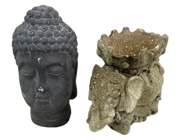 Two Asian Oriental Statues (One Elephant One Buddha Head)