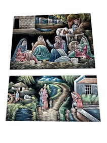 Two Large Acrylic on Black Velvet Indian Village