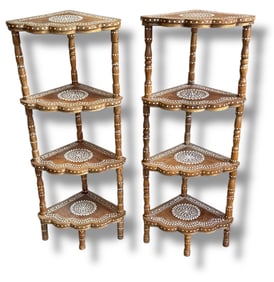 Pair of Vintage Three Tiered Inlaid Indian Corner Shelves