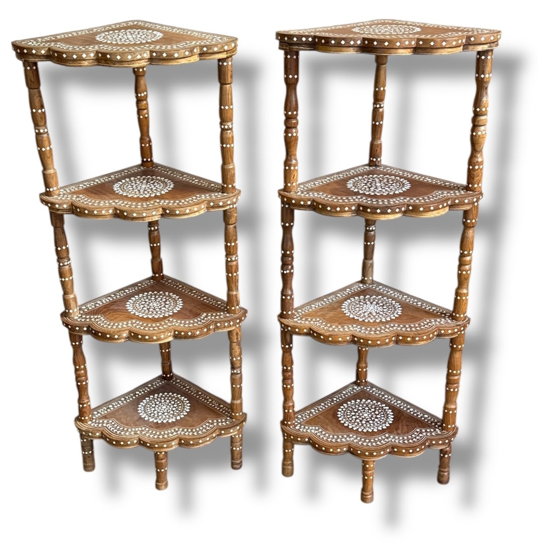 Pair of Vintage Three Tiered Inlaid Indian Corner Shelves (1 of 4)