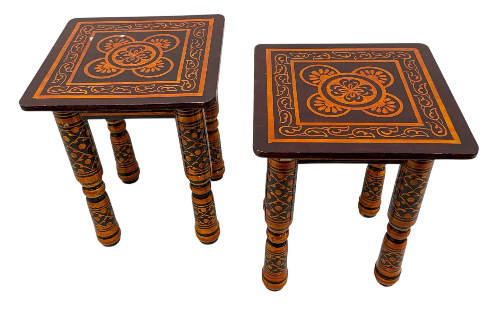 Two Sankheda Indian Side Tables: Each measure 15" H x 12" W x 12" D.