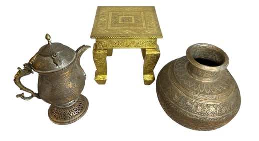 Three Indian Decorative Items, Water Vessel, Table, and Samovar