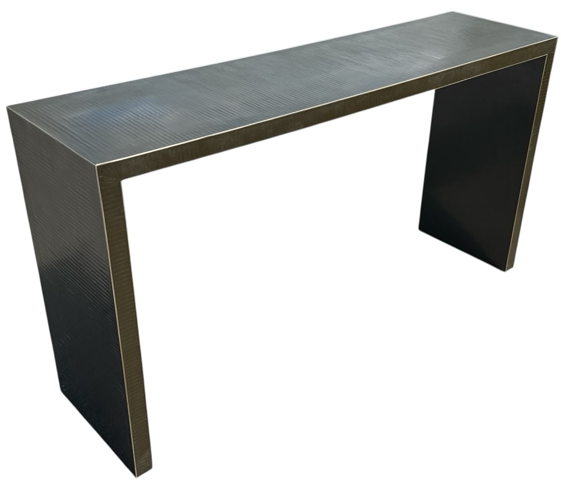 Green Faux Shagreen & Metal Trim Console Table: 31.75" H x 59.25" W x 15.75" D.