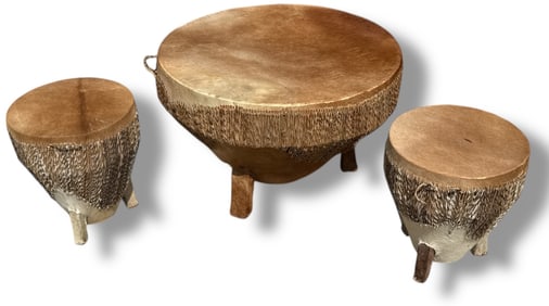Three African Cowhide Drum Accent Tables