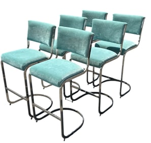 MILO BAUGHMAN Style Chrome and Mohair Bar Stools, Set of 6