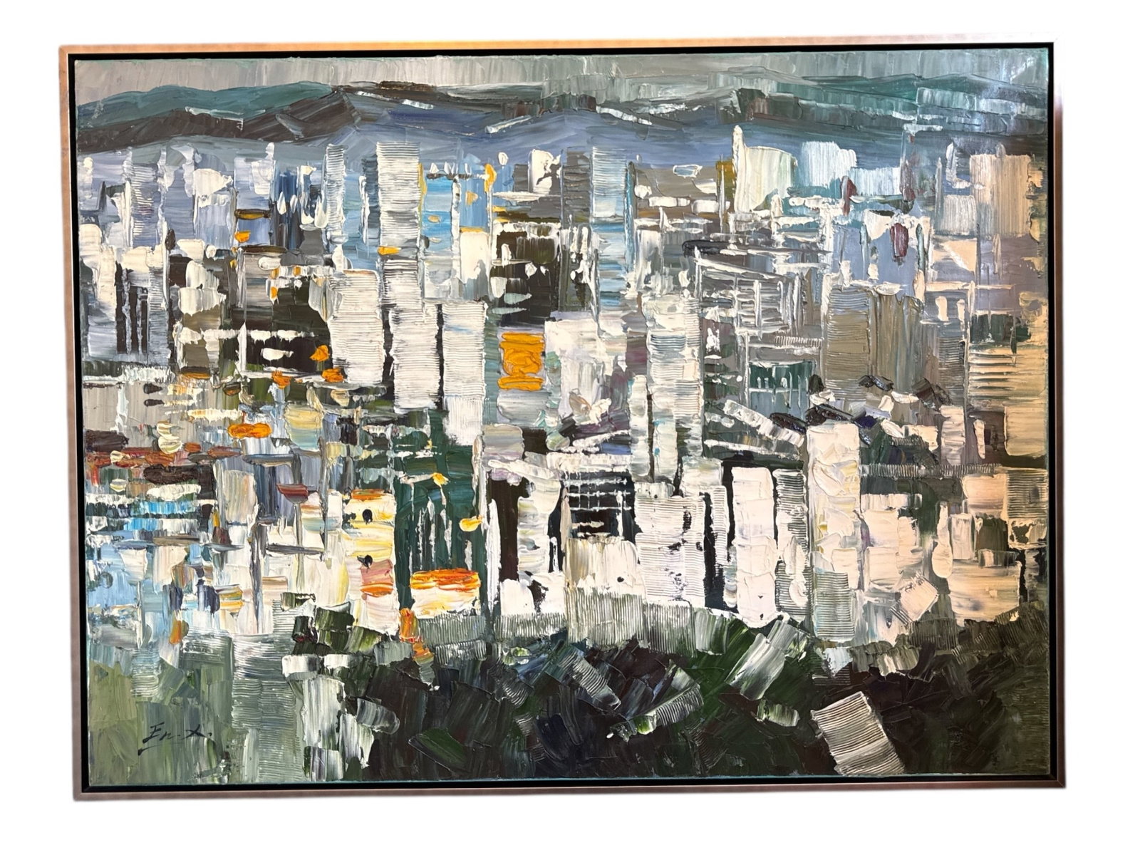 An Abstract BETHANY SKY WHITMAN Mixed Media on Canvas: Measures 31.5" H x 41.5" W x 2.5" D in the frame. Titled "Indecision". Includes COA. Oil and Acrylic on Canvas. Dated 2017.