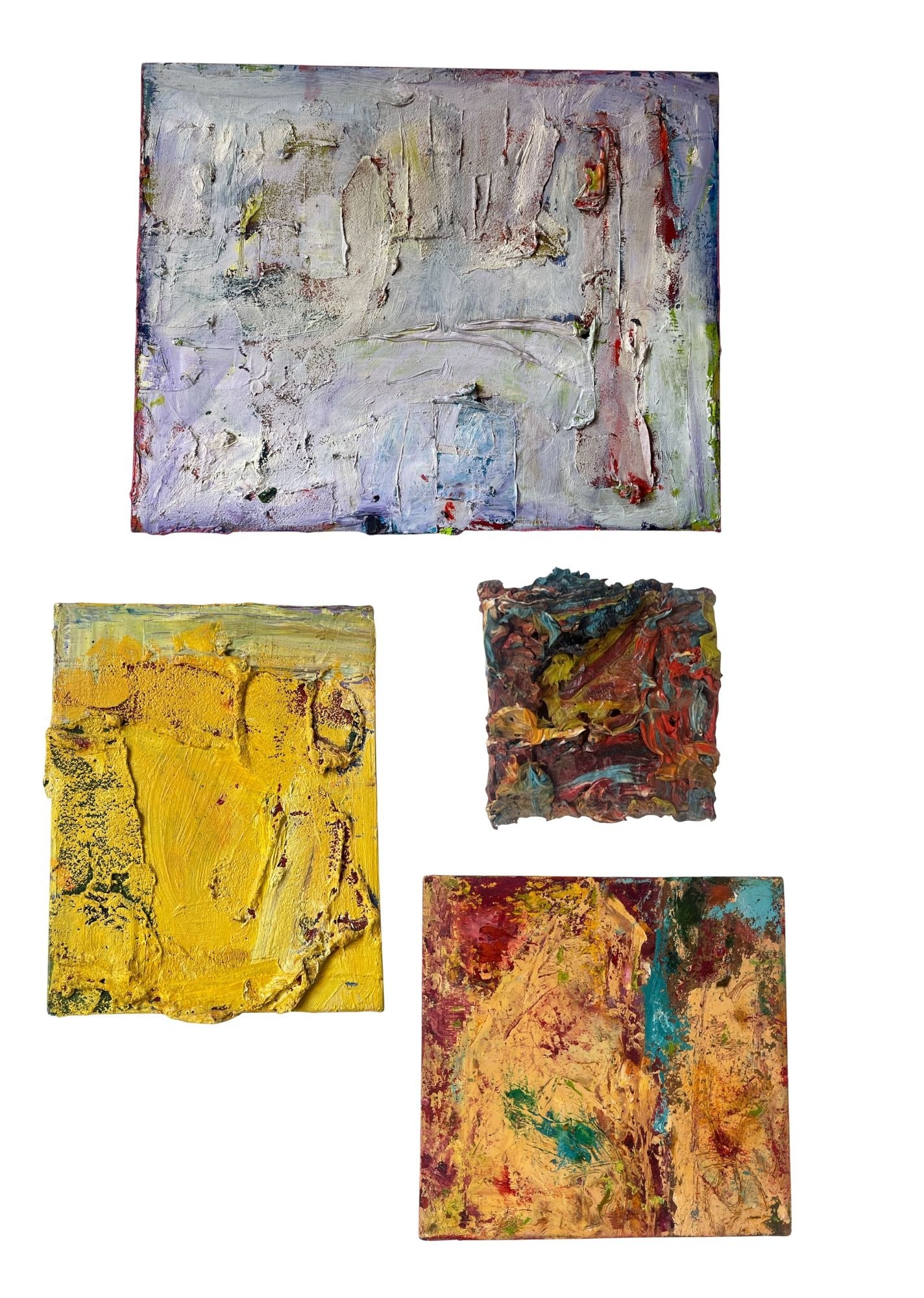 Collection Contemporary Heavy Oil Abstracts: Measures 16" H x 20" W x 1" D, yellow one measures 10" H x 8" W x 1"D, red and blue measures 10" H x 10" W x 1.5" D, smallest measures 3.5" H x 3.25" D x 1.25" D. Some signed and dated Daniel R 2025.