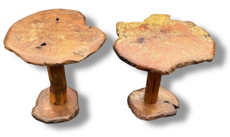 Mid Century Burl Wood Live Edge Tables, Pair