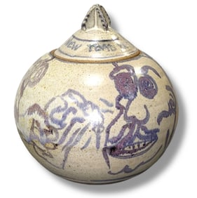 Folk Art Cobalt Beer Advertisement Tobacco Jar