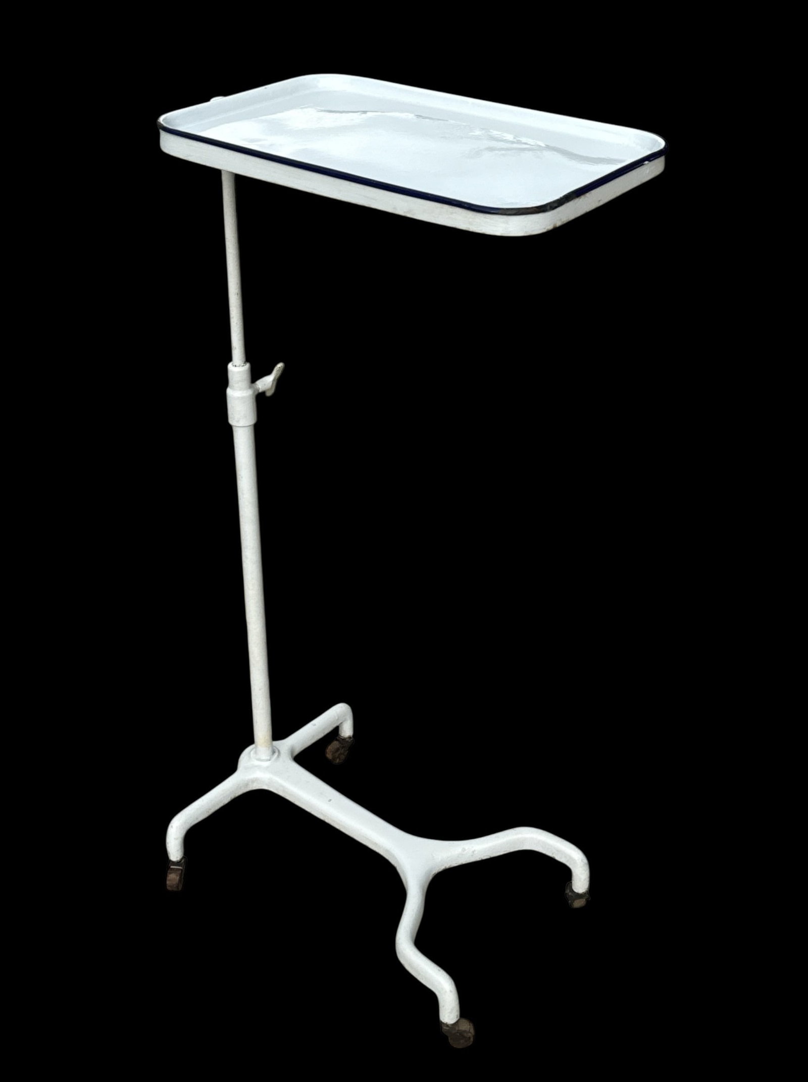 Antique Enamel Dental Tray: Measures 43" H x 15" W x 21" D. Tray measures 19" x 12.75".
