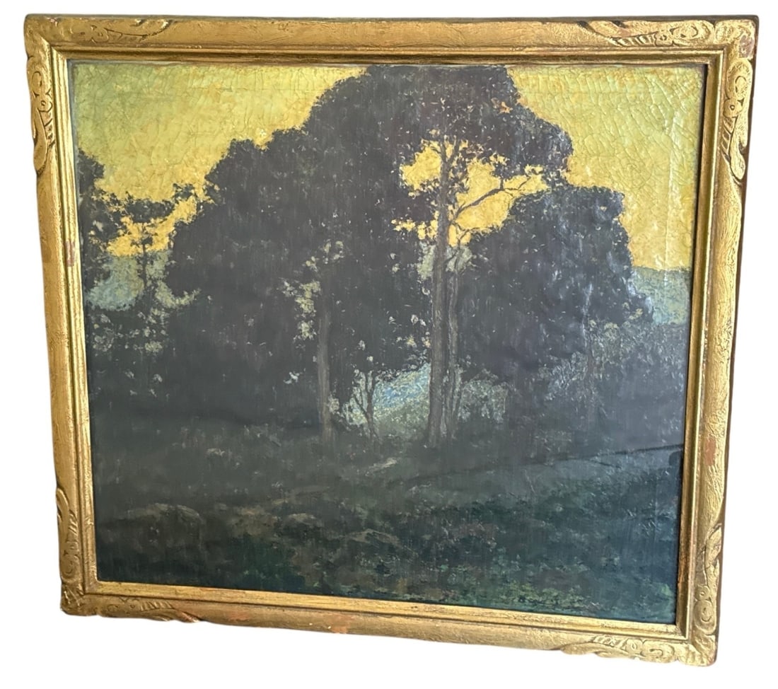 A FREDERIC TELLANDER (American, 1878-1977) Forested Sunset Oil Painting: Measures 41" H x 45" W x 2" D in the frame.