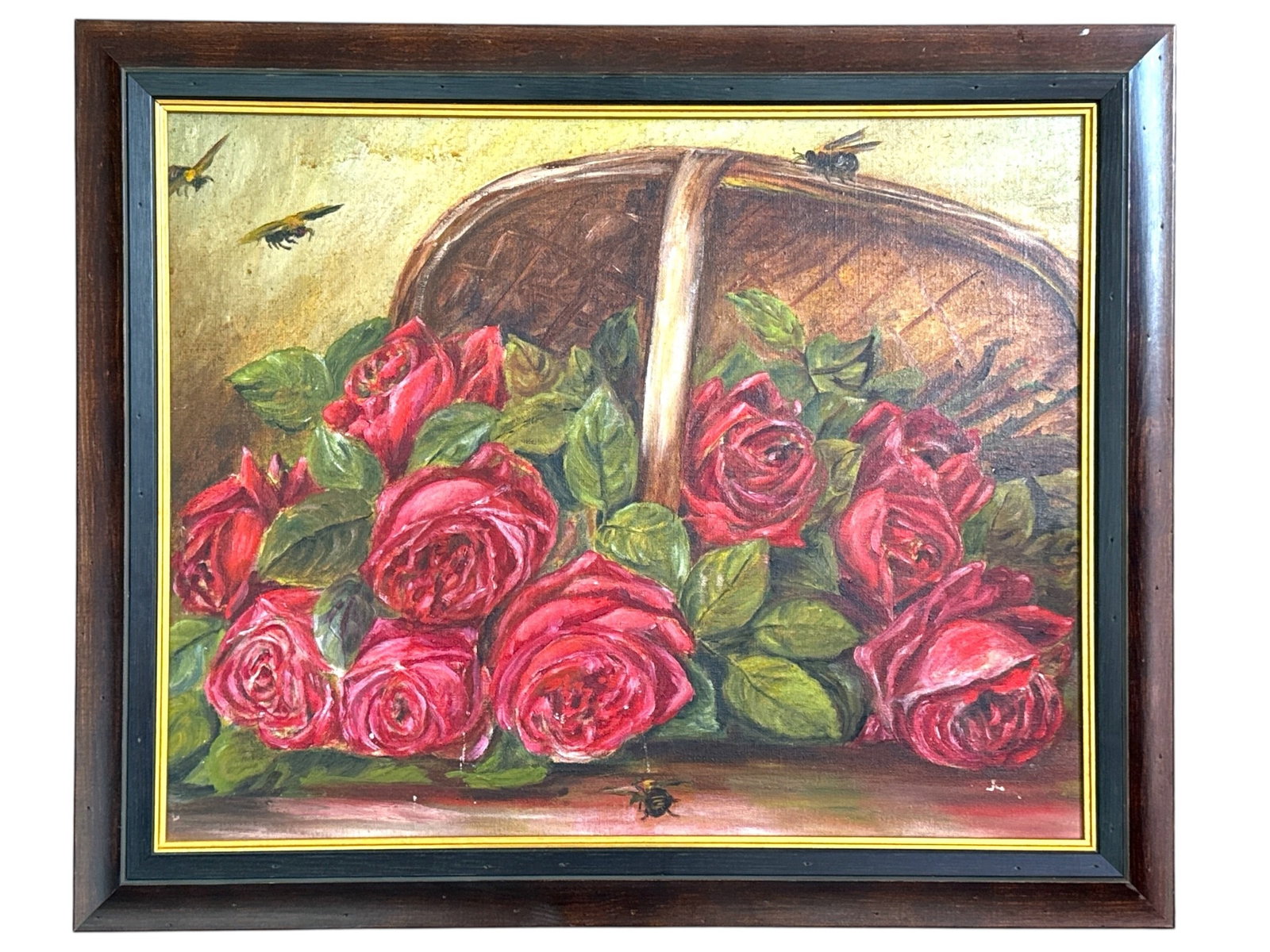 Victorian Oil on Board, Roses & Bees: 19" H x 23" W x .5" D Recently, reframed.