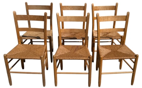 Set of 6 Oak & Rush Dining Chairs