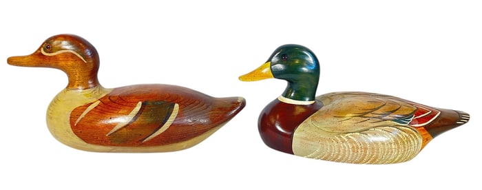 Two Carved Wood Duck Decoys, BOB MAY