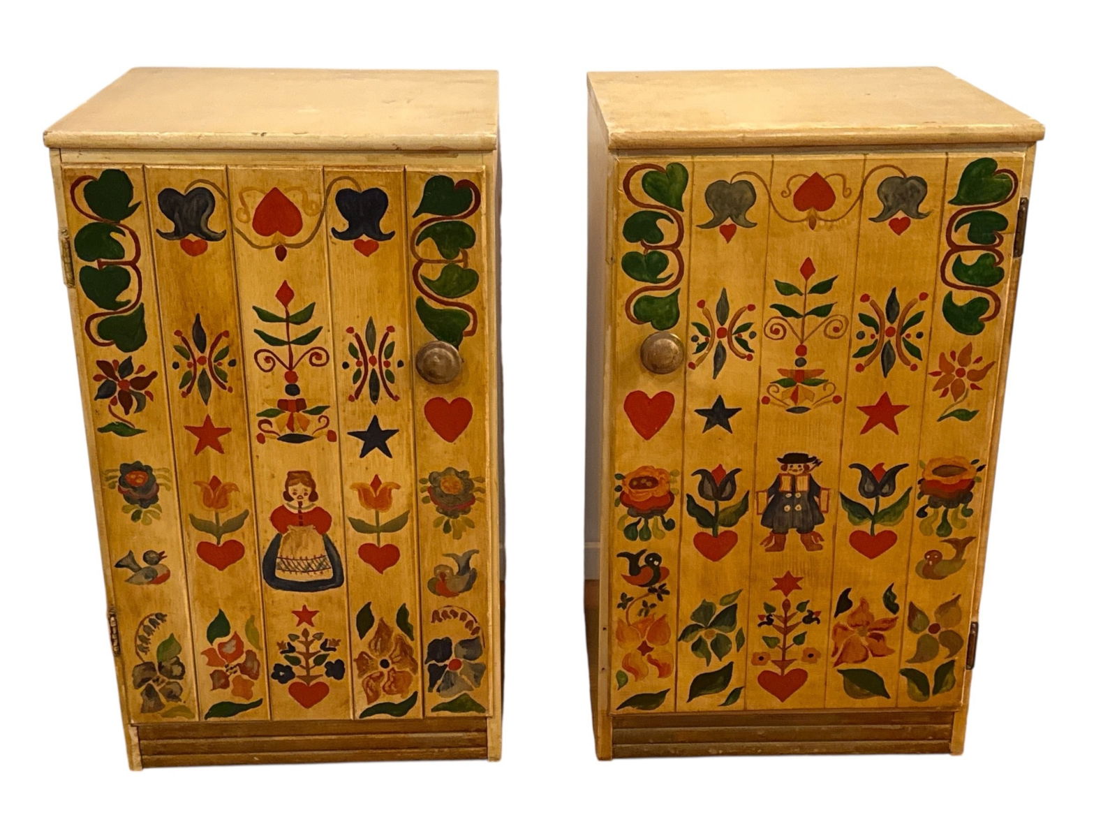 Pair PETER HUNT Style Folk Art Side Cabinets: Each measures 30.5" H x 17.71" W x 15.75" D.